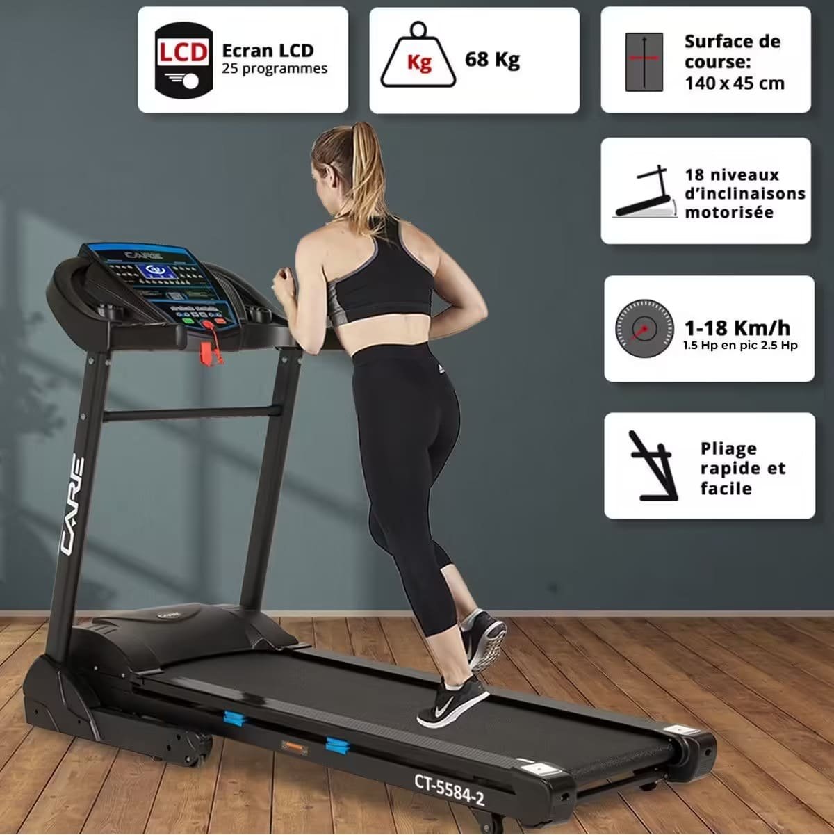 Tapis de course Connecté CARE - CT-5584-3 - 18km/h - Kinomap – Image 5